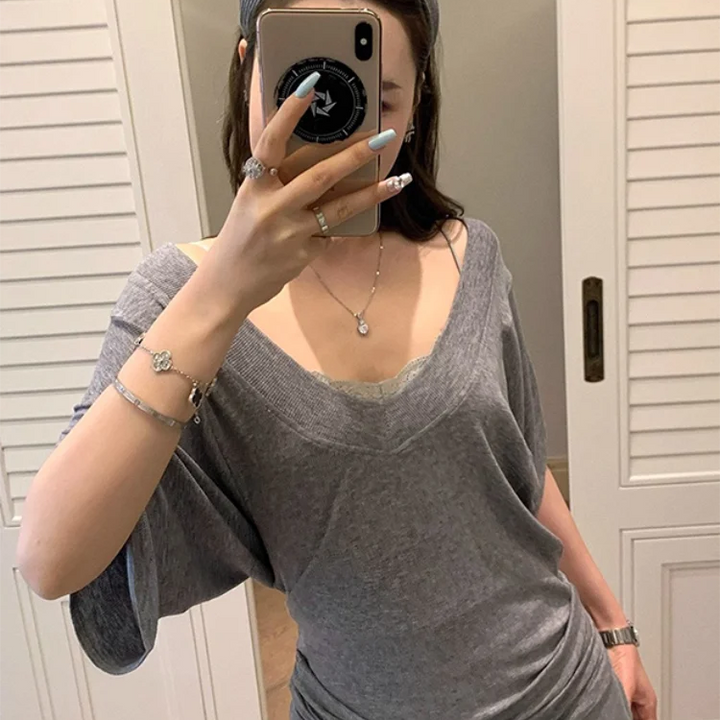Ribbed Tops Loose V-neck Short Sleeve T-shirt for Woman Summer New Simple Basic Top Design Bat Sleeve T-shirt Casual Y2k Clothes