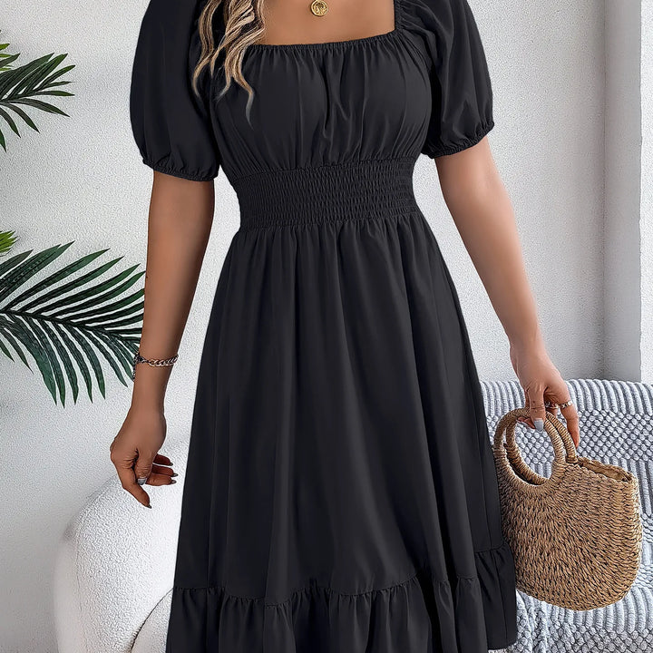 Women's MIidi Dresses 2025 Summer Casual Square Neck Short Sleeved Waist Ruffle Edge Dress Dress Women Elegant Платья Женские