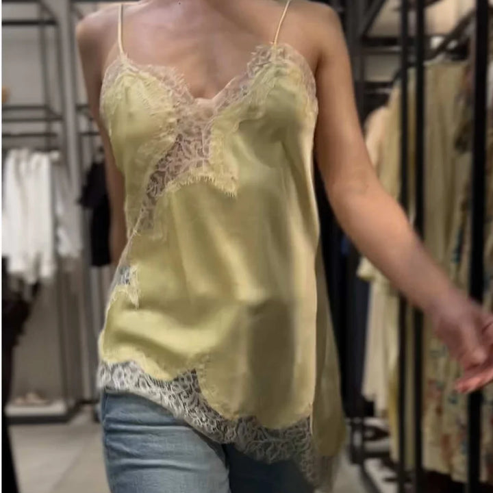 Women's Chic V-neck Lace Spliced Slim Top Sleeveless Backless Hollow out Asymmetrical Hem Sexy Sling Top