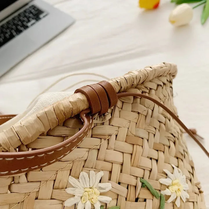Summer Straw Handbag Boho Beach Shoulder Bag Woven Bucket Shopping Bag Handmade Rattan Bag Lady Top Handle Tote 2 set Handbag