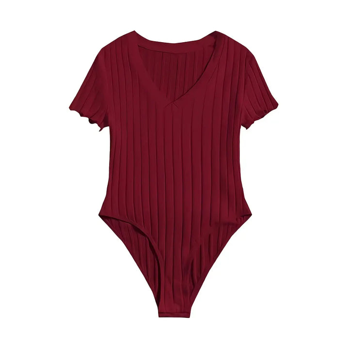 Elegant & Sexy Ribbed V-Neck Bodysuit with Lettuce Trim-Semi-Sheer Comfort Fit Easy Care - Perfect for Spring to Fall