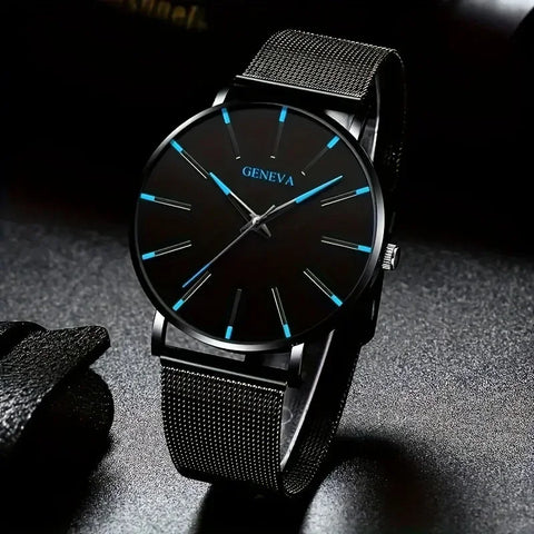 Fashion Men's Quartz Watch Set, Business Casual Timepiece with Beaded Cuff, Alloy Case & Scratch-Resistant Glass