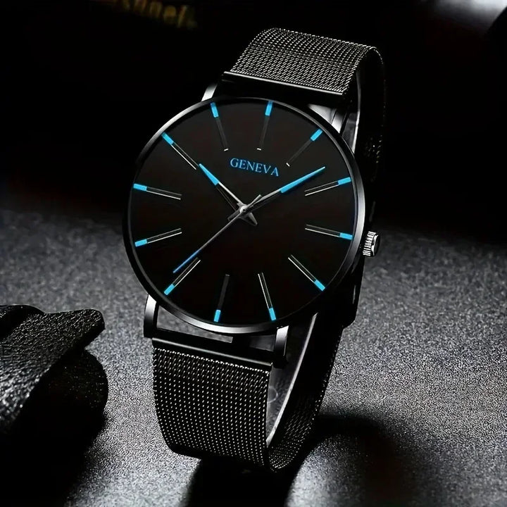 Fashion Men's Quartz Watch Set, Business Casual Timepiece with Beaded Cuff, Alloy Case & Scratch-Resistant Glass