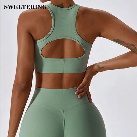 Women Seamless Rib Yoga Bra Female Fitness Crop Top Workout Gym Push Up Training Bra Athletic Back Hollow Yoga Vest Sportswear