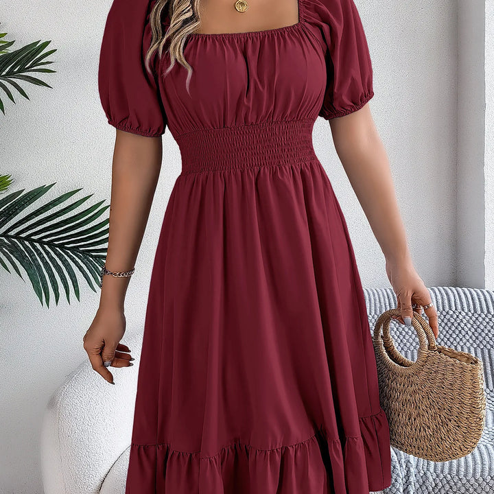 Women's MIidi Dresses 2025 Summer Casual Square Neck Short Sleeved Waist Ruffle Edge Dress Dress Women Elegant Платья Женские