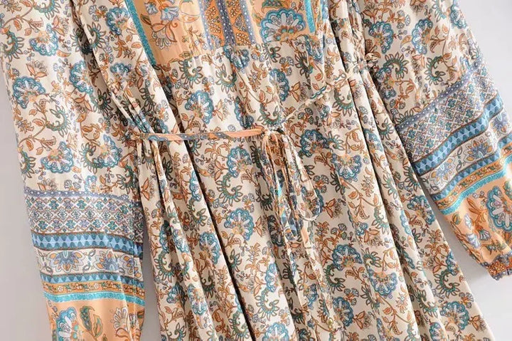 Boho Ethnic long sleeve midi dresses for women Robe vintage floral printed cotton rayon dress Autumn tunic casual Loose vestidos