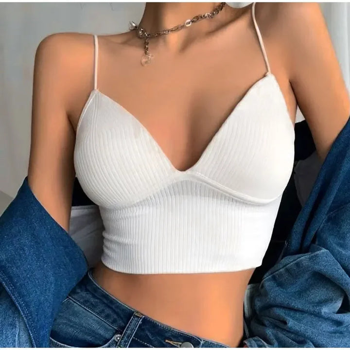 Rib Solid Women Seamless Crop Top Underwear Wire-Free V-Shaped Camisole Thin Straps Bra Bralette Lingerie One-Piece Tube Tops