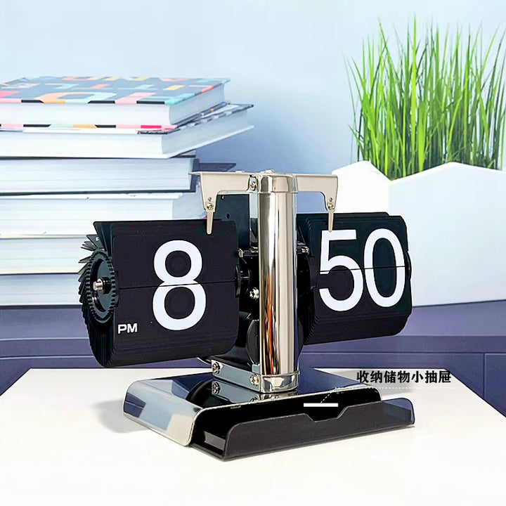 Table Clock Mechanical Automatic Page Turning Clock Retro Decoration Living Room Bedroom Office Desktop Decoration