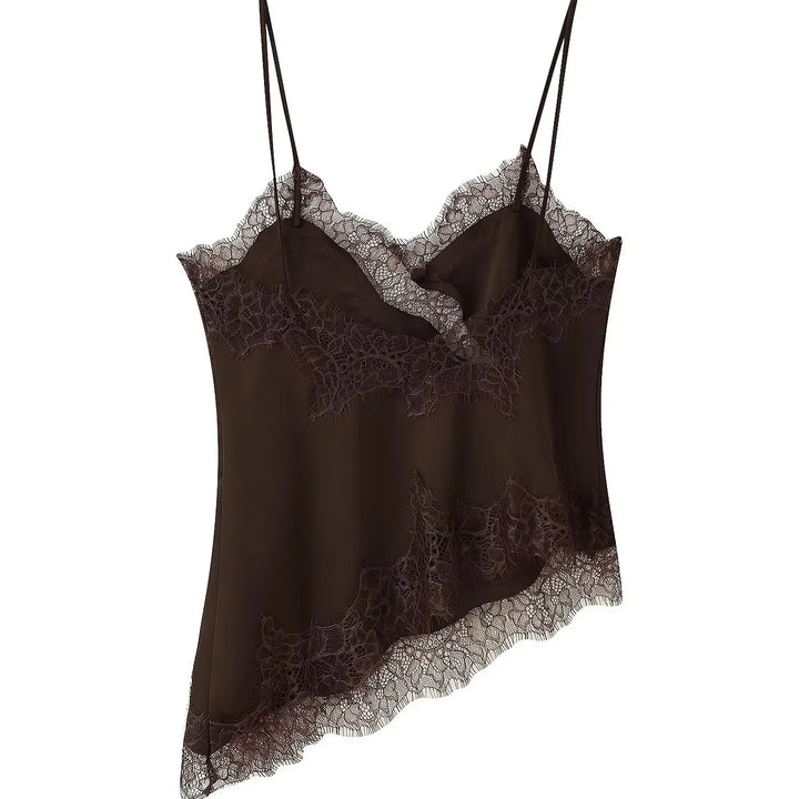 Women's Chic V-neck Lace Spliced Slim Top Sleeveless Backless Hollow out Asymmetrical Hem Sexy Sling Top