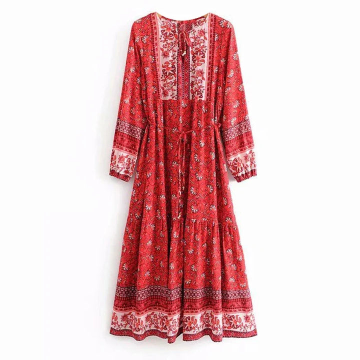 Boho Ethnic long sleeve midi dresses for women Robe vintage floral printed cotton rayon dress Autumn tunic casual Loose vestidos