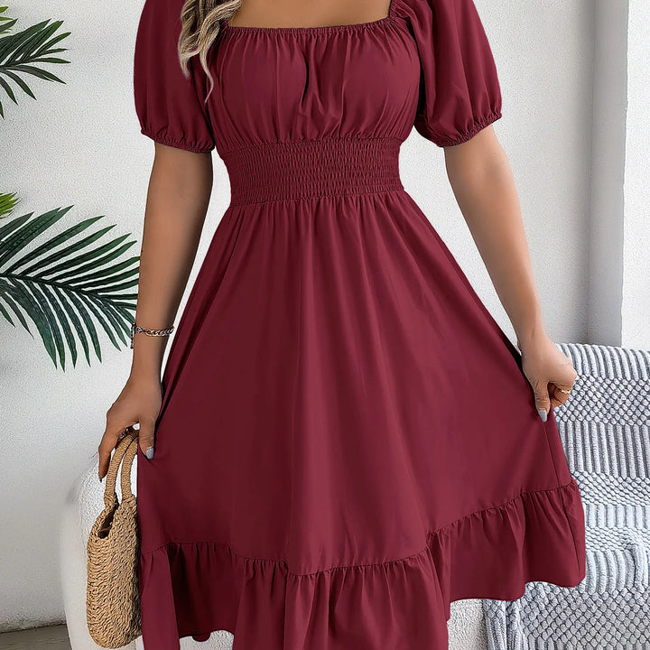 Women's MIidi Dresses 2025 Summer Casual Square Neck Short Sleeved Waist Ruffle Edge Dress Dress Women Elegant Платья Женские