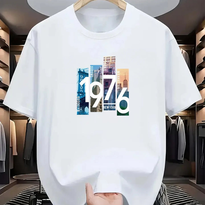 Men's Fashion T-Shirt 1976 Print Trendy Street Sport Top Casual Comfortable Men'swear for Youth