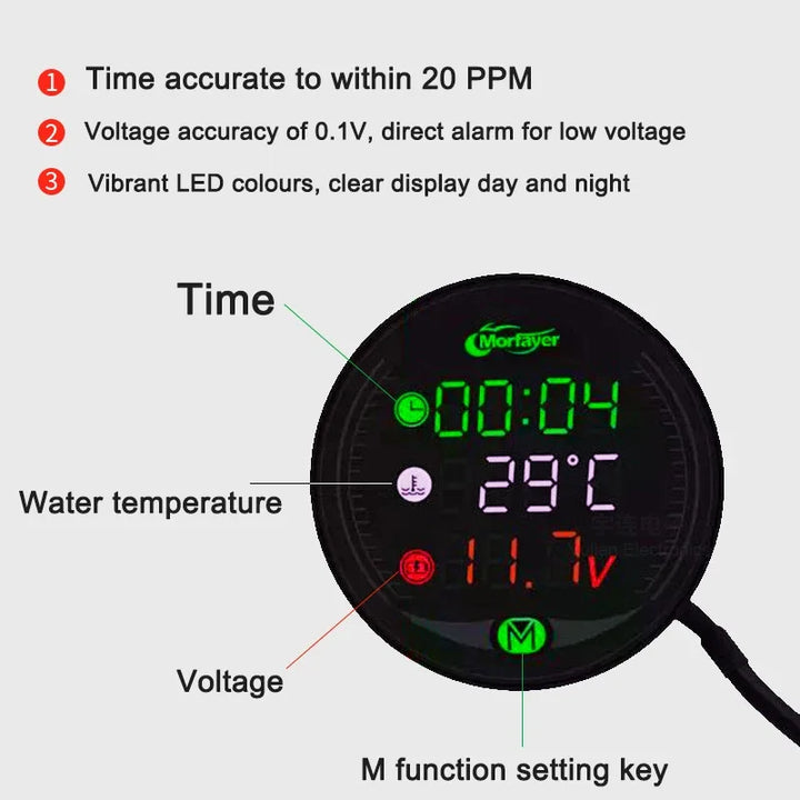 Digital Motorcycle Electronic Clock DC 9V-24V Digital Time Clock + Water Thermometer +Voltage Voltmeter Motorcycle Time Clock