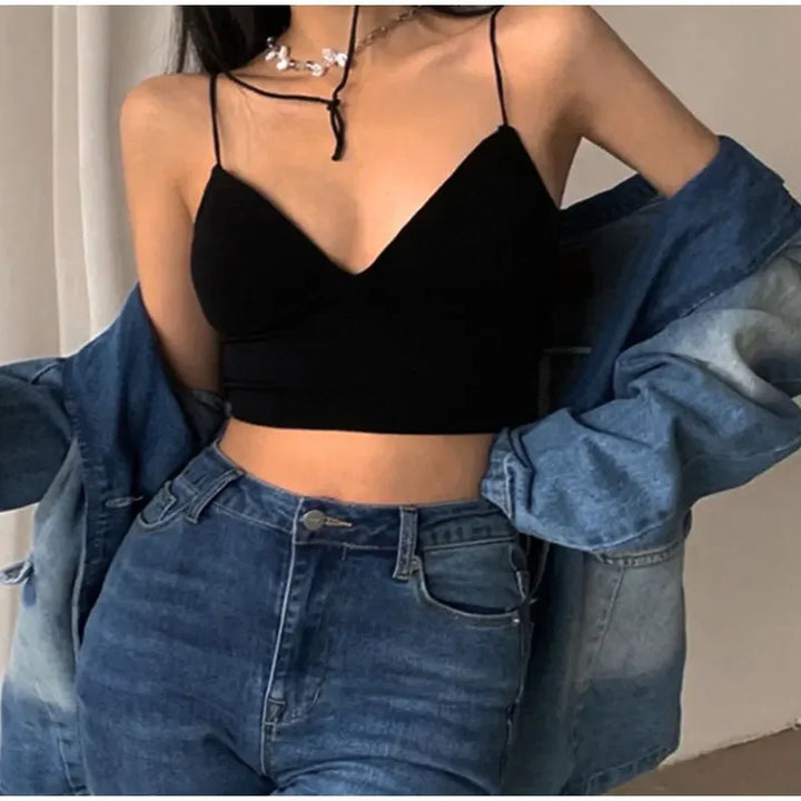 Rib Solid Women Seamless Crop Top Underwear Wire-Free V-Shaped Camisole Thin Straps Bra Bralette Lingerie One-Piece Tube Tops