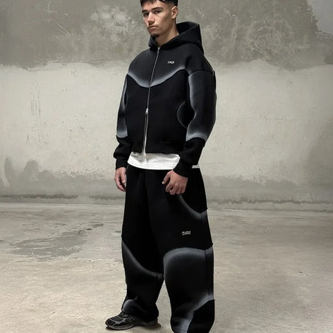 European and American Street Fashion Clothing Dark Fashion Striped Print Oversized Sweatshirt Men Y2k Gothic Punk Zipper Hoodie