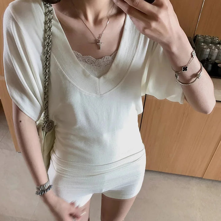 Ribbed Tops Loose V-neck Short Sleeve T-shirt for Woman Summer New Simple Basic Top Design Bat Sleeve T-shirt Casual Y2k Clothes