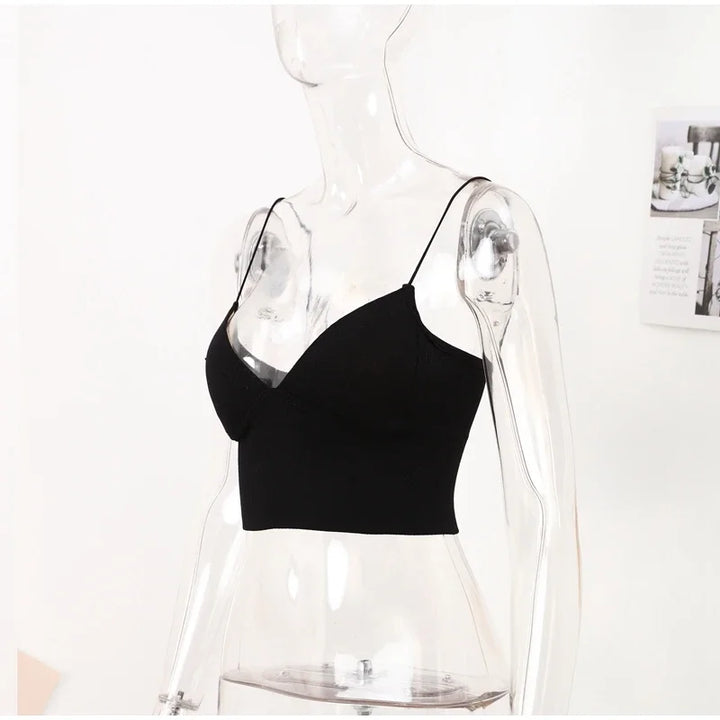 Rib Solid Women Seamless Crop Top Underwear Wire-Free V-Shaped Camisole Thin Straps Bra Bralette Lingerie One-Piece Tube Tops