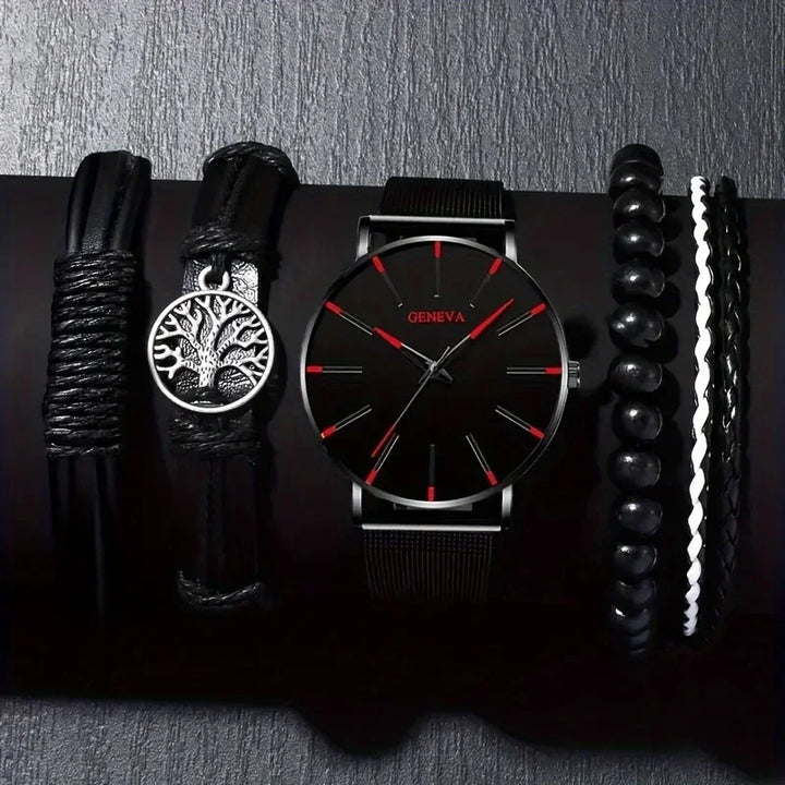 Fashion Men's Quartz Watch Set, Business Casual Timepiece with Beaded Cuff, Alloy Case & Scratch-Resistant Glass