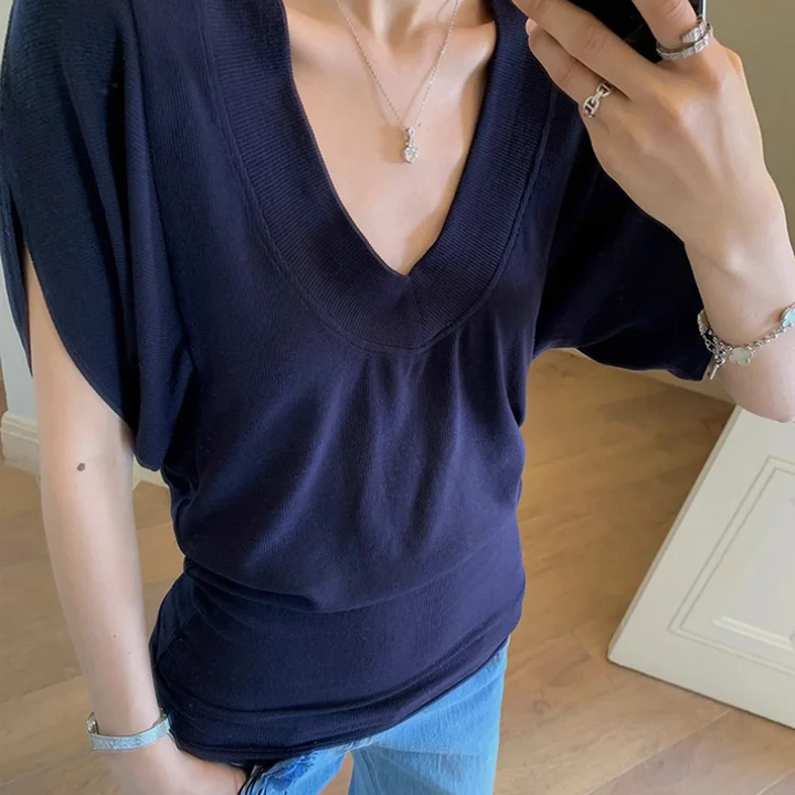 Ribbed Tops Loose V-neck Short Sleeve T-shirt for Woman Summer New Simple Basic Top Design Bat Sleeve T-shirt Casual Y2k Clothes