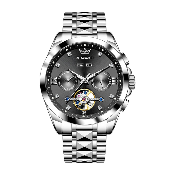 Men's Automatic Mechanical Watch with Tourbillon Waterproof Luminous Stainless Steel Strap Luxury Multi-Functional Timepiece