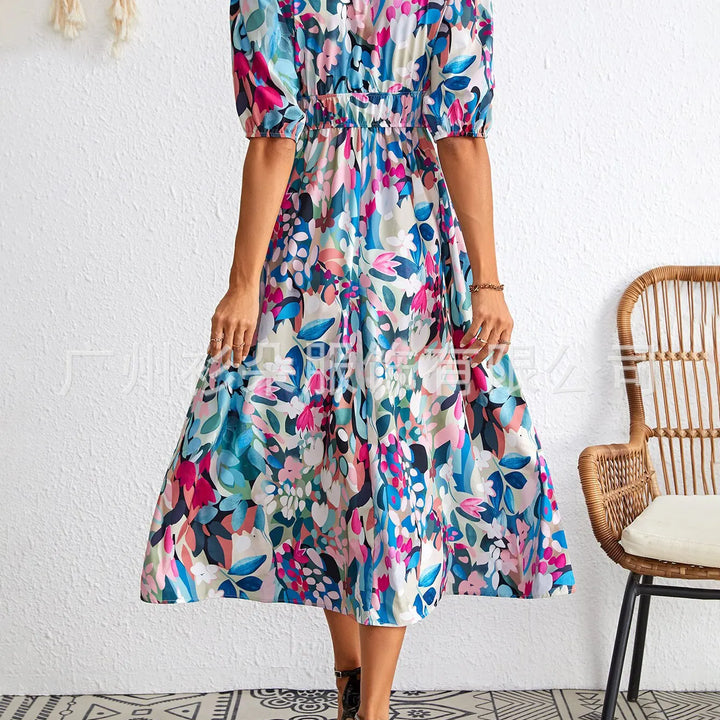 New Boho Floral Print Midi Dress Women Fashion V-neck Short Sleeve Dresses For Women 2025 Summer Casual Holiday Long Dress
