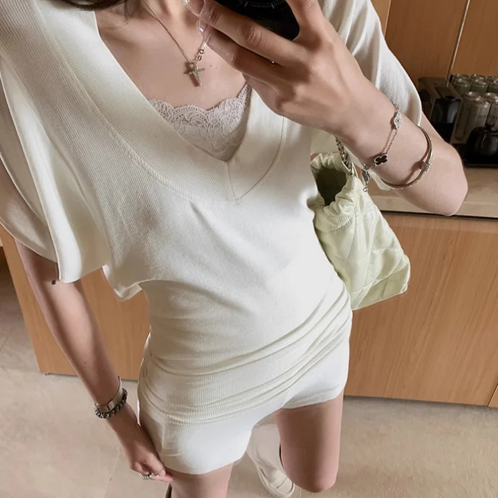 Ribbed Tops Loose V-neck Short Sleeve T-shirt for Woman Summer New Simple Basic Top Design Bat Sleeve T-shirt Casual Y2k Clothes