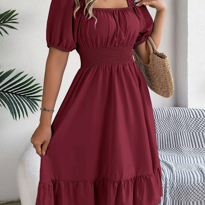 Women's MIidi Dresses 2025 Summer Casual Square Neck Short Sleeved Waist Ruffle Edge Dress Dress Women Elegant Платья Женские