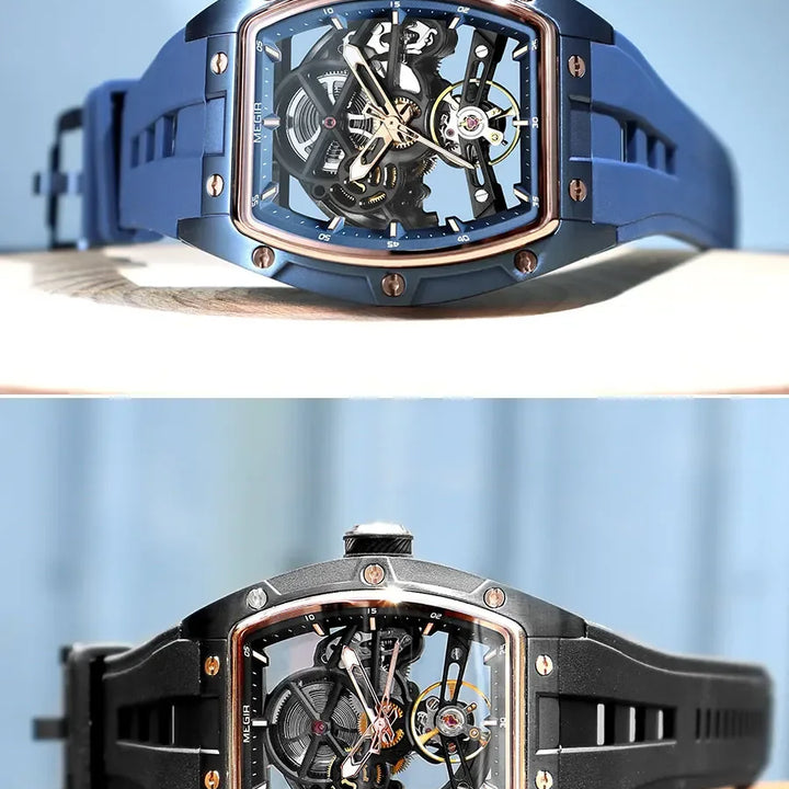 MEGIR Men's Automatic Mechanical Watch with Stainless Steel Case Silicone Band Skeleton Dial Waterproof Sport Wristwatch