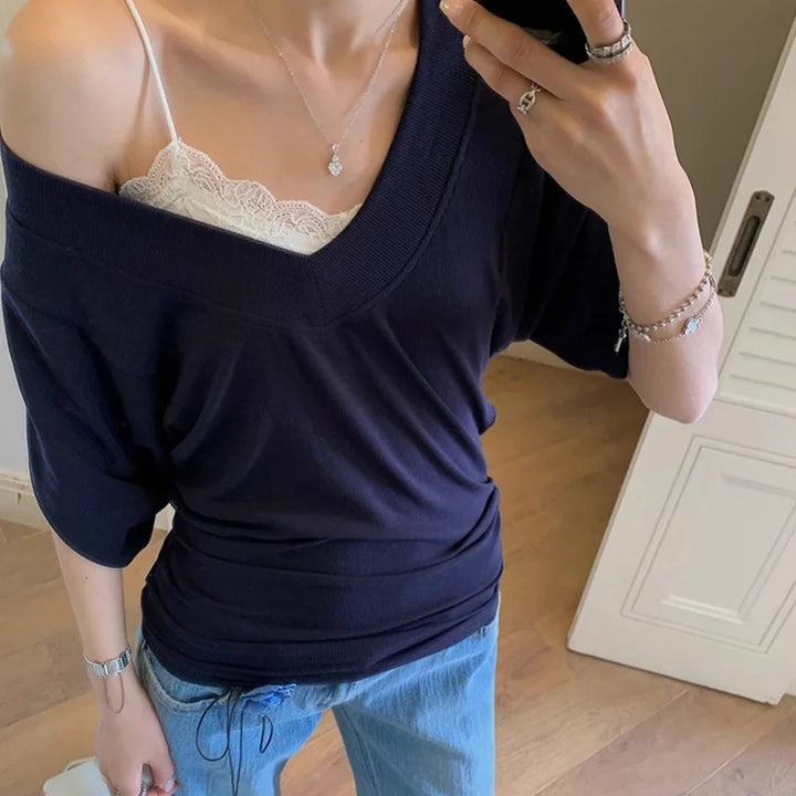 Ribbed Tops Loose V-neck Short Sleeve T-shirt for Woman Summer New Simple Basic Top Design Bat Sleeve T-shirt Casual Y2k Clothes