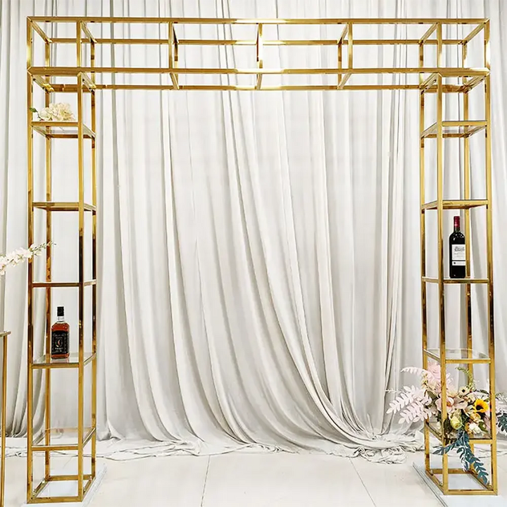 Custom Square Backdrop Stand Gold Metal Wedding Bar Wine Shelf For Event Decoration