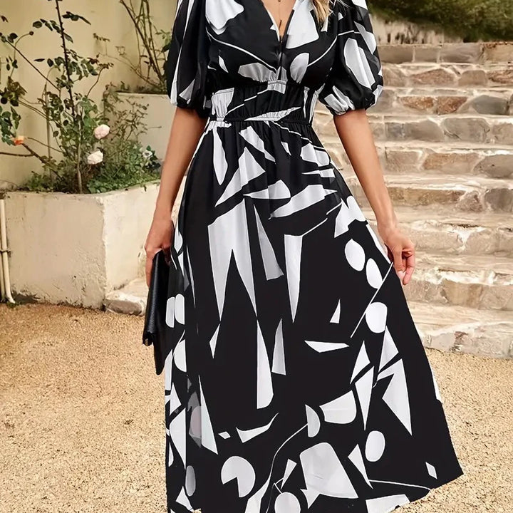 New Boho Floral Print Midi Dress Women Fashion V-neck Short Sleeve Dresses For Women 2025 Summer Casual Holiday Long Dress