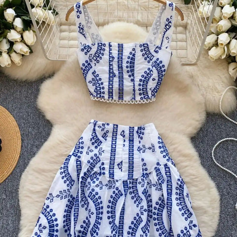 Holliday Midi Dress White Two Piece Sets Women Summer Crop Tops Short Skirts Suits Embroidery Hollow Out Beach Cotton Vestidos