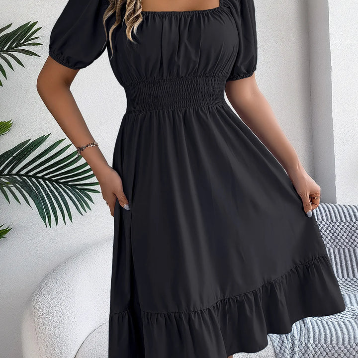 Women's MIidi Dresses 2025 Summer Casual Square Neck Short Sleeved Waist Ruffle Edge Dress Dress Women Elegant Платья Женские