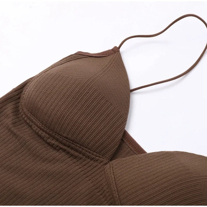 Rib Solid Women Seamless Crop Top Underwear Wire-Free V-Shaped Camisole Thin Straps Bra Bralette Lingerie One-Piece Tube Tops