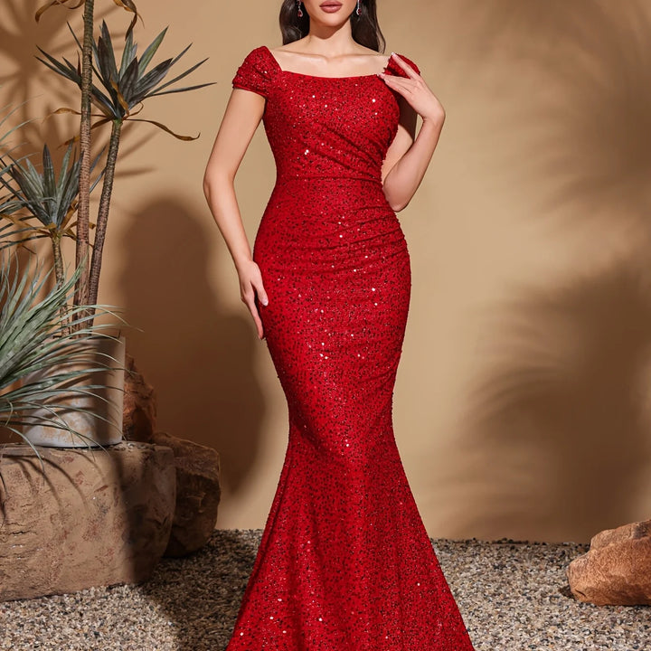 Simple and elegant square neck sequined hip party dress skirt, elegant and chic dress