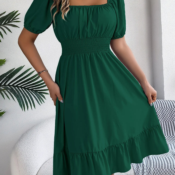 Women's MIidi Dresses 2025 Summer Casual Square Neck Short Sleeved Waist Ruffle Edge Dress Dress Women Elegant Платья Женские