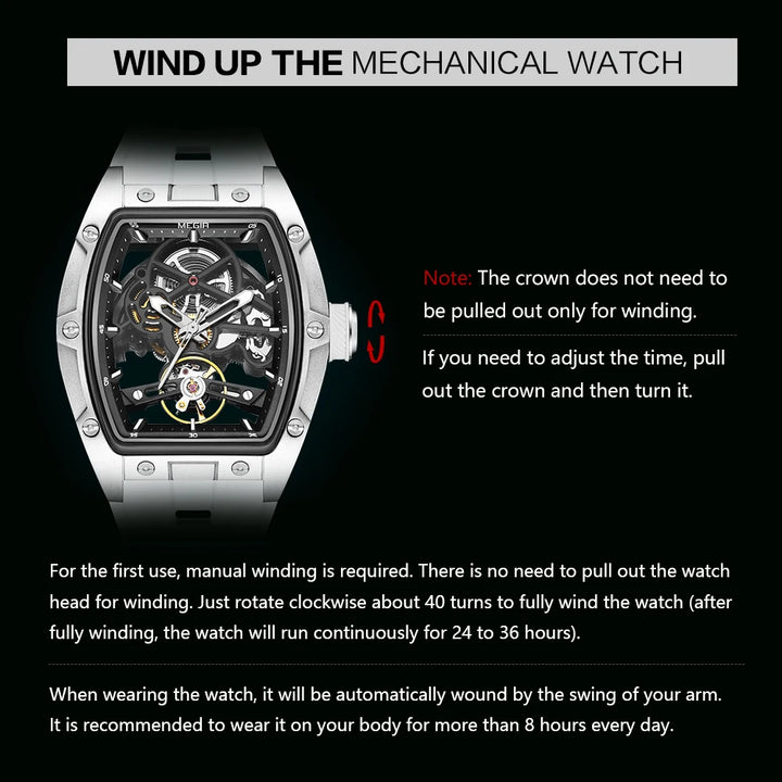 MEGIR Men's Automatic Mechanical Watch with Stainless Steel Case Silicone Band Skeleton Dial Waterproof Sport Wristwatch