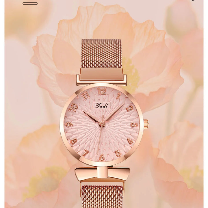 2PCS Set Women's Watch Set Trendy Pink Design Mesh Belt Alloy Wristwatch Fashionable Timepiece Quartz Watch Lady