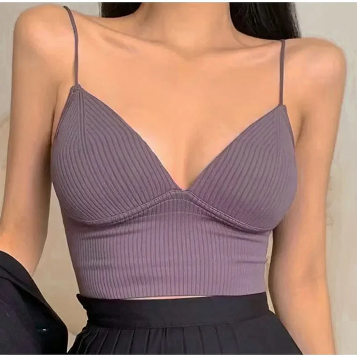 Rib Solid Women Seamless Crop Top Underwear Wire-Free V-Shaped Camisole Thin Straps Bra Bralette Lingerie One-Piece Tube Tops