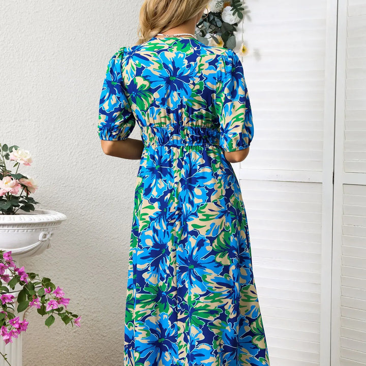 New Boho Floral Print Midi Dress Women Fashion V-neck Short Sleeve Dresses For Women 2025 Summer Casual Holiday Long Dress