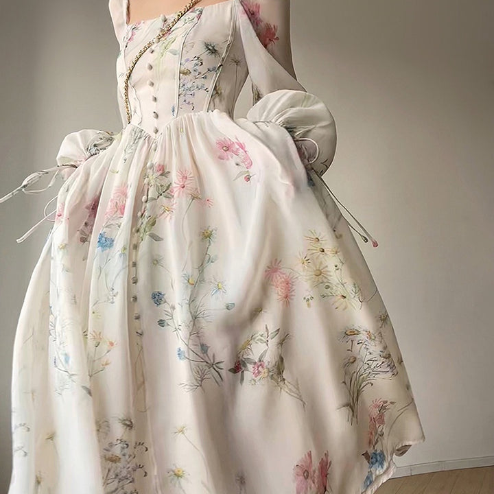 Vintage Floral Midi Dress Women Elegant Party Square Collar Dresses Summer Beach Fairy Korean Long Sleeve Bodycon Vestidos New