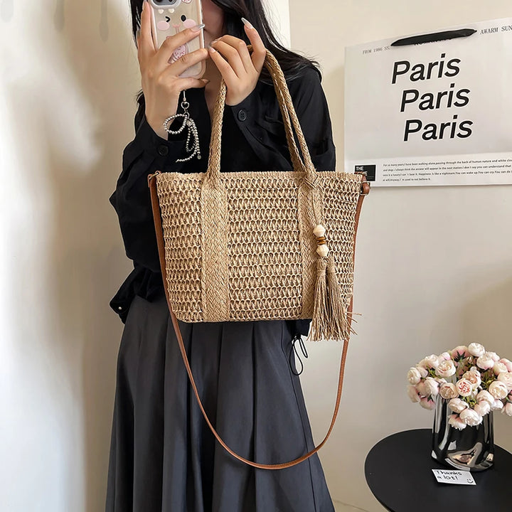 Summer Straw Bag Women Large Capacity  Shoulder Messenger Bags Handmade Woven Handbag Bohemia Vacation Rattan Beach Purse 2024