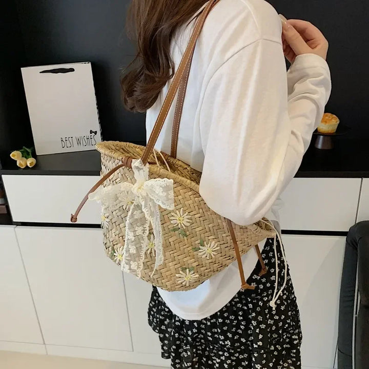 Summer Straw Handbag Boho Beach Shoulder Bag Woven Bucket Shopping Bag Handmade Rattan Bag Lady Top Handle Tote 2 set Handbag