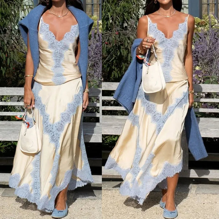 Sexy V-neck Top with Long Skirt 2Pc Suit Women's Fashion Embroidery Patchwork Satin Sets Elegant Sleeveless Sling Skirt Outfits