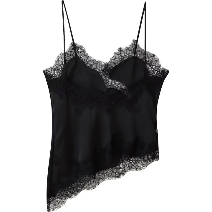 Women's Chic V-neck Lace Spliced Slim Top Sleeveless Backless Hollow out Asymmetrical Hem Sexy Sling Top