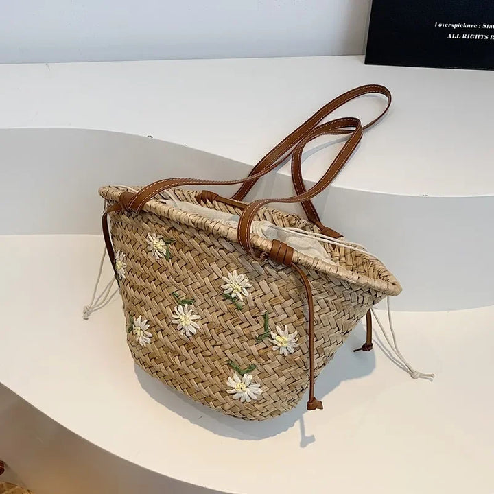 Summer Straw Handbag Boho Beach Shoulder Bag Woven Bucket Shopping Bag Handmade Rattan Bag Lady Top Handle Tote 2 set Handbag