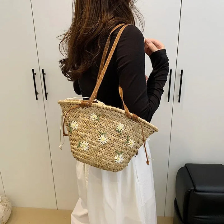 Summer Straw Handbag Boho Beach Shoulder Bag Woven Bucket Shopping Bag Handmade Rattan Bag Lady Top Handle Tote 2 set Handbag