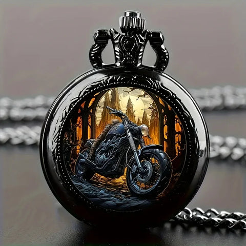 Vintage Black Motorcycle Quartz Pocket Watch, Necklace Pendant With World Time Feature,  Ideal Gift For Men & Women and Kids