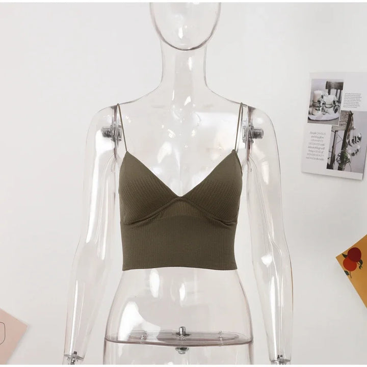 Rib Solid Women Seamless Crop Top Underwear Wire-Free V-Shaped Camisole Thin Straps Bra Bralette Lingerie One-Piece Tube Tops