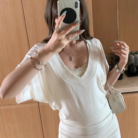 Ribbed Tops Loose V-neck Short Sleeve T-shirt for Woman Summer New Simple Basic Top Design Bat Sleeve T-shirt Casual Y2k Clothes
